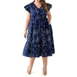 Crown & Ivy Women's SZ 1X Navy Floral Embroidered Midi Dress V-Neck Ruffle